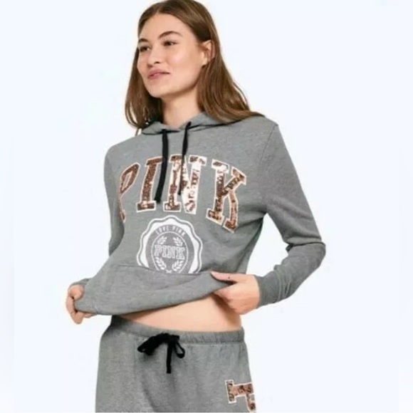 Victoria's Secret Sweaters - Victoria's Secret Gray Hoodie with Gold Sequin Bling Sz Medium